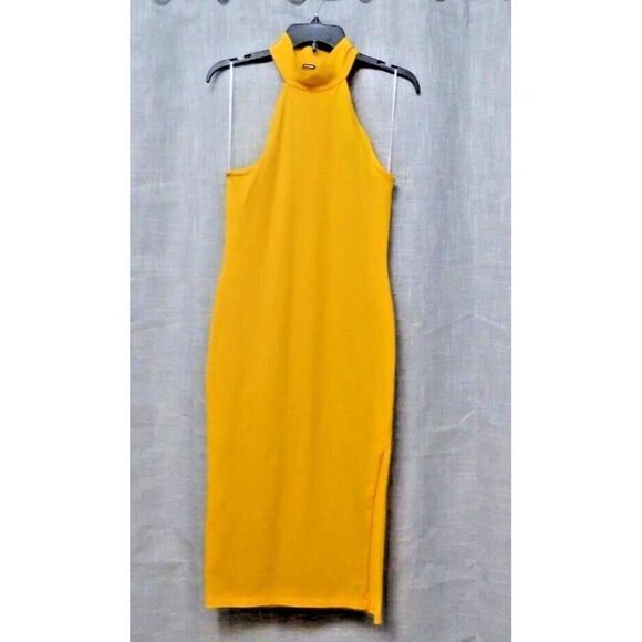 Monrow Mock Neck Side Slit Halter Dress, Bright Yellow, Small - Picture 7 of 12